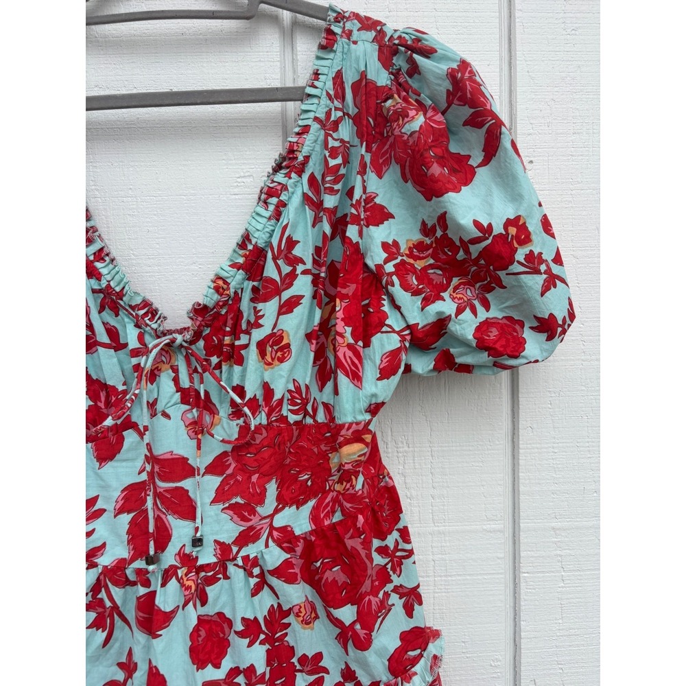 Caroline Constas Red Floral Puff Sleeve Tiered Mini Dress Size L Cotton Boho - Picture 5 of 7